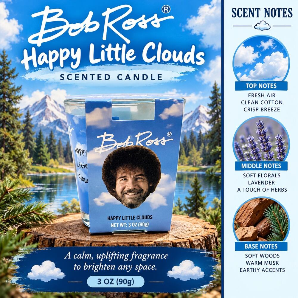 Bob Ross Happy Little Clouds Scented Mini Glass Jar Candle 3 oz